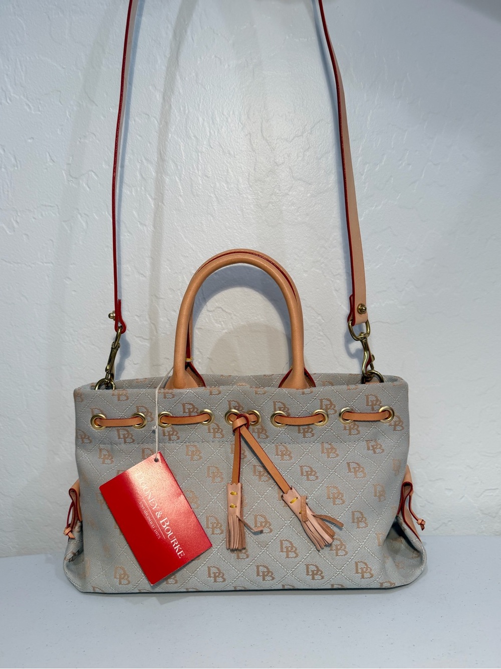 Vintage Dooney & Bourke Sky Blue Signature
Monogram Tiny Tulip Tassel Tote NWT